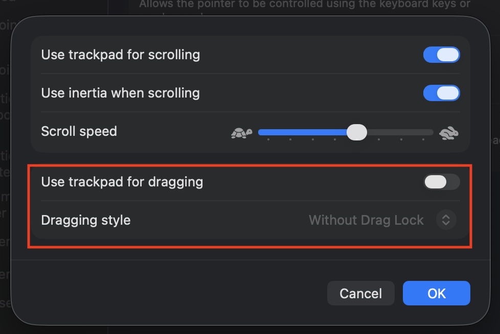 Pointer Control → Trackpad Options